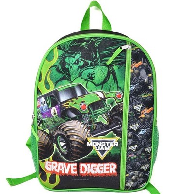 Large Backpack - Monster Jam Truck Car 16'' School Bag GREEN Vertical Pocket NEW