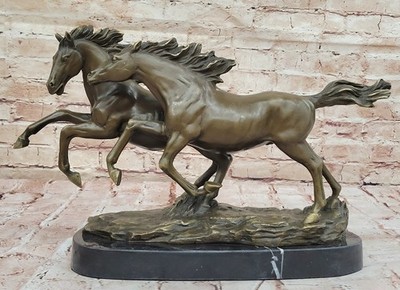 Thoroughbred Two Running Horses Equestrian Western Art Bronze Marble Statue