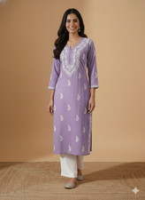 Lucknowi Rayon Chikankari Purple Kurta  Cotton Kurti for Women  Size 38-56