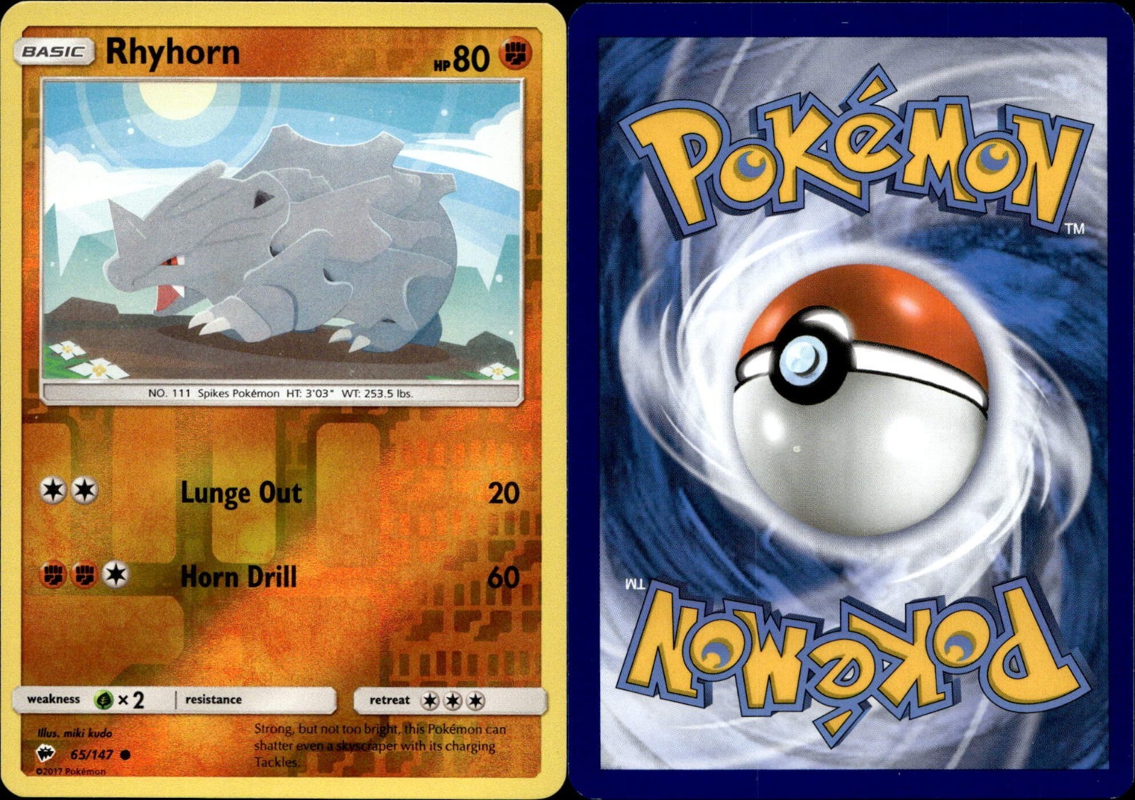 Pokemon Card Burning Shadows Rhyhorn 65/147 Reverse Holo Common - NM