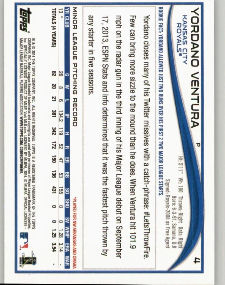 2014 Topps Opening Day Yordano Ventura Rookie #4 RC Kansas City Royals - Image 2 of 2