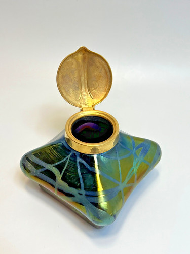 1890 Art Nouveau Veins Antique Czech Bohemian Loetz Iridescent Inkwell Gild Lid