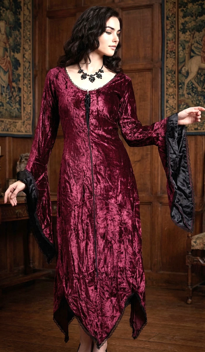 Abito da cocktail gotico alto basso swing da donna vintage gotico pizzo punto smock elastico in vita pieghettato abiti aderenti fluidi, 1 rosso., S