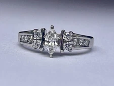 14k White Gold Marquise & Round real Diamond engagement Ring Size 6.5