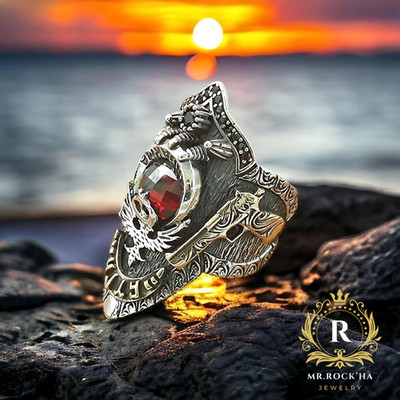 Relief Double Headed Eagle Sword Gun:925 Sterling Silver Mens Thumb Ring