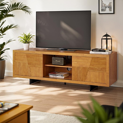 Elegant Teak Brown TV Stand with Storage - Wooden Media Console for Living Room