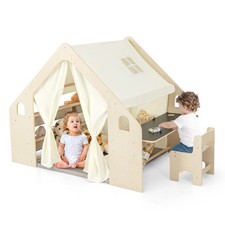 6-in-1 Kids Playhouse Wooden Play Tent w/Blackboard, Desk, Chair, 6 Storage Bins