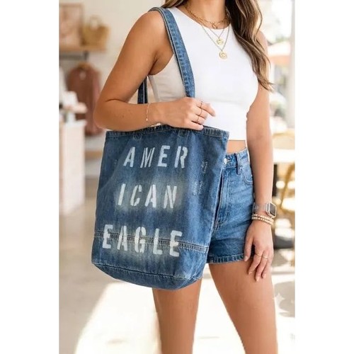 American Eagle Tote Bag Unisex OS Blue Excellent Distressed Denim Stencil Logo
