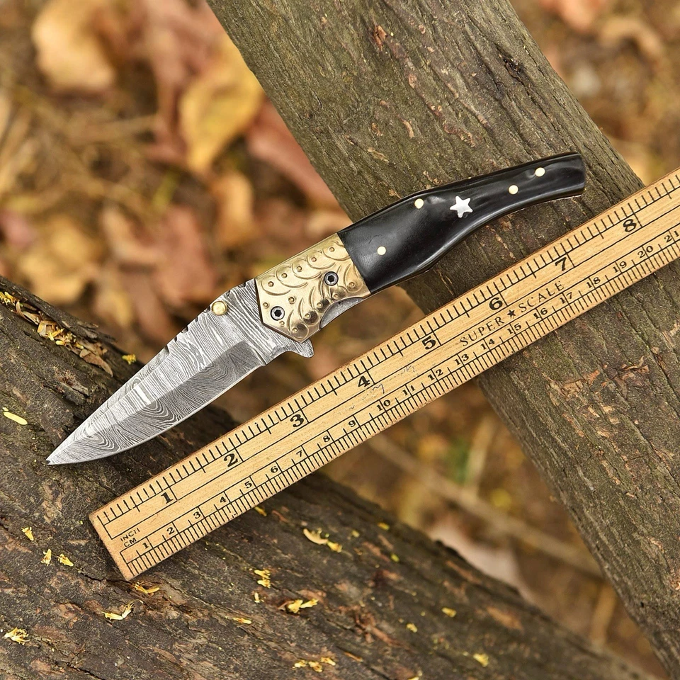 Handmade Damascus Steel Folding Dagger Blade Pocket Knife Hunting Outdoor EDC - Image 3 of 4