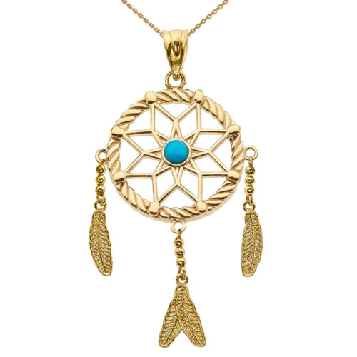 10k Solid Yellow Gold Turquoise Flower Dream Catcher Pendant Necklace - Picture 1 of 3