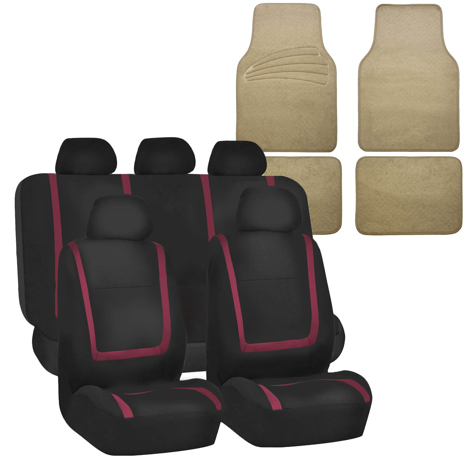 Auto Universal Seat Covers For Car Suv Van Burgundy Full Set w/ Beige Floor Mat