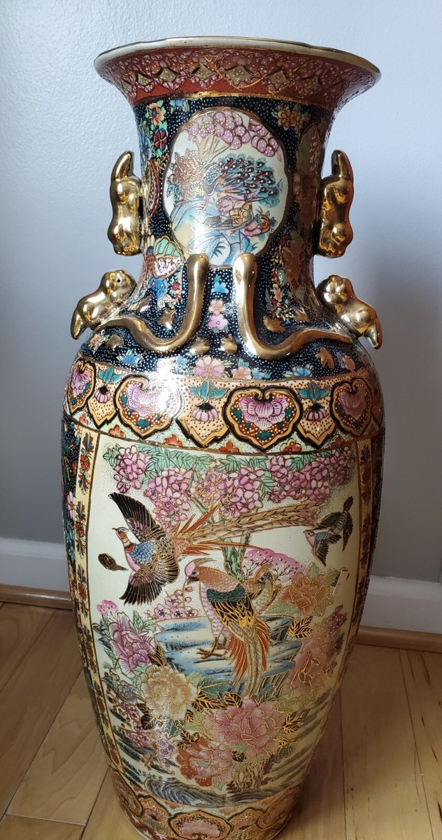 Vintage gold Chinese large vase with birds 24 inches | eBay