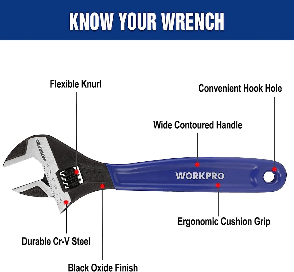 WORKPRO 6"/8"/10" Adjustable Wrench Wide Jaw Wrench Black Oxide Metric SAE Scale - Image 4 of 4
