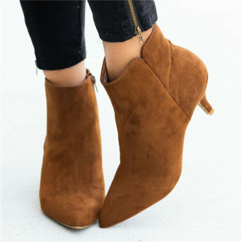 Mujeres Damas Botas al tobillo Damas Tacones bajos medios para gatito Zapatos Cremallera Botas puntiagudas Talla - Imagen 14 de 19