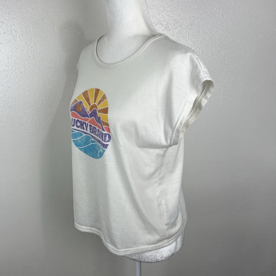 Lucky Brand Shirt Youth Large Cream Cap Sleeve Boxy Retro Sun Graphic Tee - Imagem 2 de 4