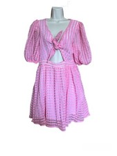 Shein Pink Puff Sleeve Striped Tie Front Cut Out Dress Size Large