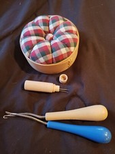 Lot Of Craft Sewing Supplies Pin Cushion, Needle Case, Latchhook Tools