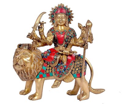 Messing Göttin Durga Sitzend Auf Löwen Idol Statue Figur 10 Zoll