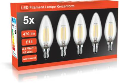 BLULAXA 5er Pack LED Filament Lampe C35 4,5W=40W 470lm E14 2700K