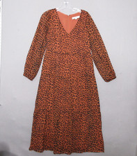 LOFT Dress 6 Leopard Print Midi Tirered Flowy Boho Long Sleeve Cottage Core