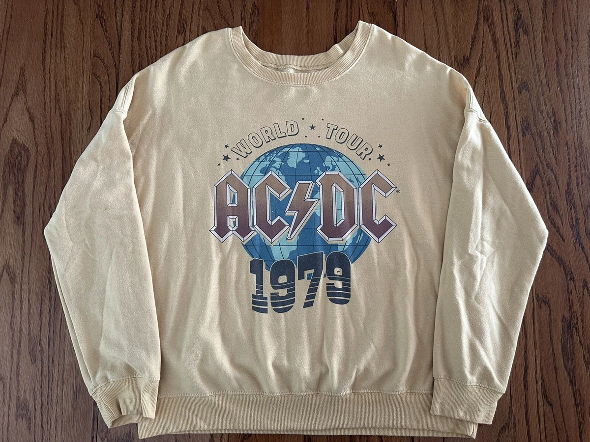 AC/DC Women’s Size Large Crew Neck Sweatshirt, Pale Yellow vintage look 80s