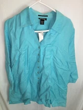 WOMENS NEW NWT AQUA BLUE 100% LINEN AVENUE BLOUSE TOP SHIRT SIZE 14/16 48" FLAWS