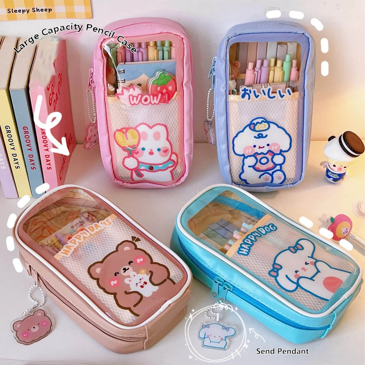 Kawaii Pencil Case Aesthetic Cute Pencil Case for Girls Clear Large Pencil  Pouch Kawaii School Supplies for Teen Girls (Brown Bear)