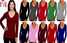 New Women Plain Long Sleeve Casual Jersey Stretchy V Neck Basic T-Shirt Tee Top