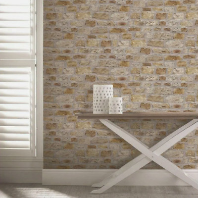 Arthouse Landhaus Steintapete Ziegelmauer grau beige natur rustikal Feature
