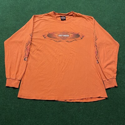Vintage Harley Davidson Shirt Mens L Orange 90S Flames Biker Flame Long Sleeve