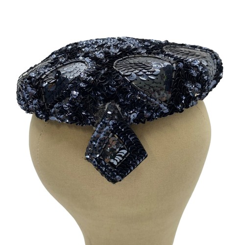 Vintage 1950s Beaded Hat Cream Blue Silver Sequin Cocktail  display picture 3