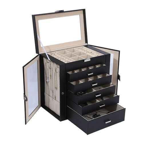 Jewelry Box for Women, 6 Layer Lockable Large Jewelry Holder Clear Black-image