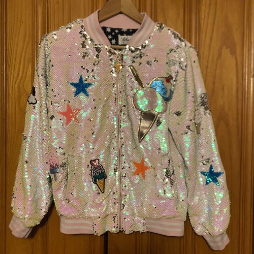 Sz 14 LOLA+ THE BOYS Ice Cream Sequin Bomber Jacket Girls Fleece Lined Shimmer - Picture 2 of 6