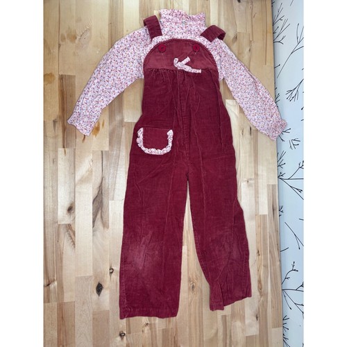 Vintage Doe Spun Girls 4 Corduroy Overalls Floral Blouse Set Burgundy Pink USA