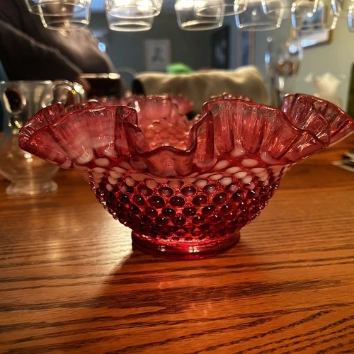 Fenton Glass Opalescent Cranberry Pink Hobnail Ruffled Bowl 9” 1950s Vintage