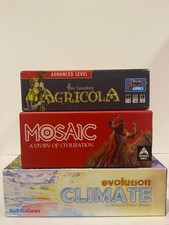 Board Game lot! Agricola plus expansion! Mosaic! Climate Evolution! Three Games!