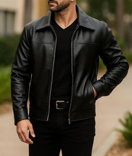 Men  s Black Leather Jacket Full Zip Classic Biker Casual Fashion Coat