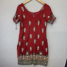 Indian Pakistani Women's Red Heavily Beaded Kurti Kurta Tunic Dress S 4 Wedding