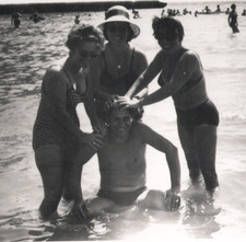 Vintage Beach Photo Man Women Bikini Swimming Summer Leisure Playing in Water
