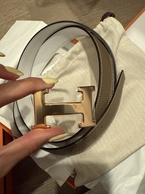 Hermes Reversible Leather Strap belt Etoupe/White With Rose Gold Buckle size 100