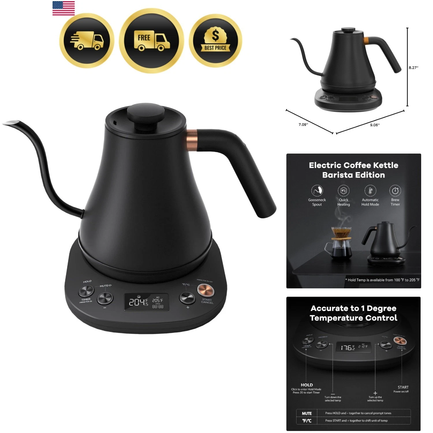 Electric Kettle Gooseneck Pour Over Kettle ±1℉ Temperature Control Quick Heat...