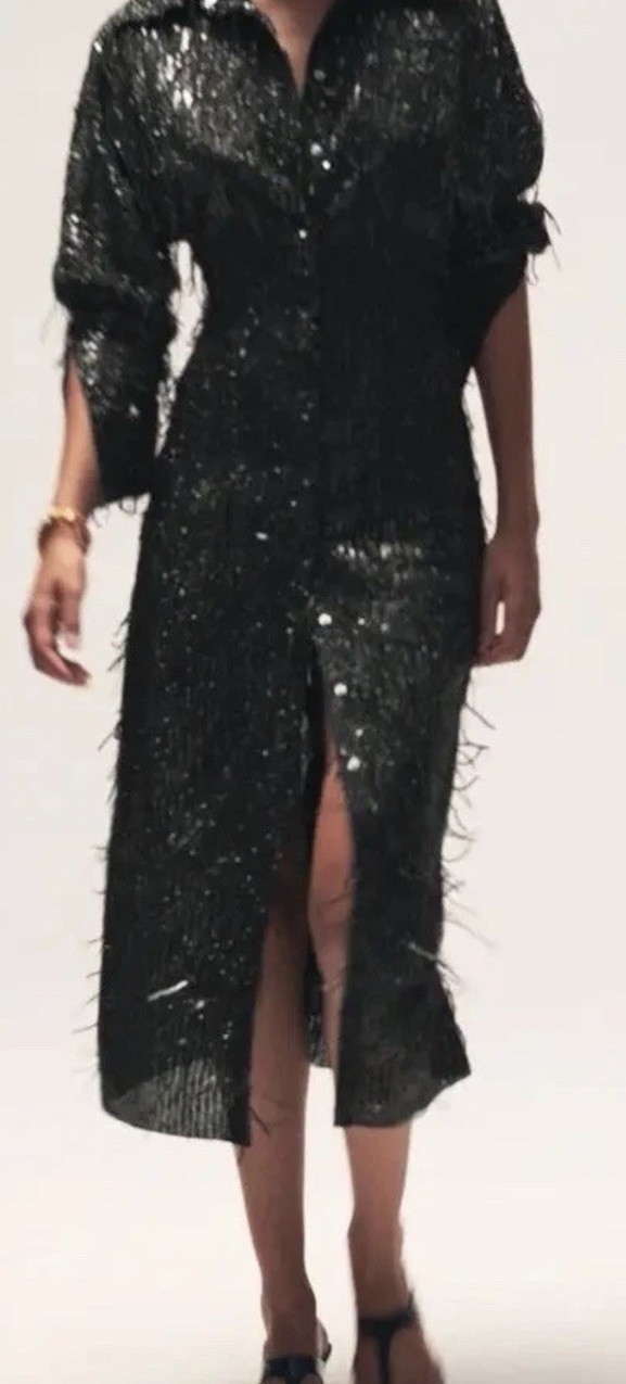 Zara  rare Black Sequin Fringe Midi Shirt Dress Limited Edition Trinny Size M image 6