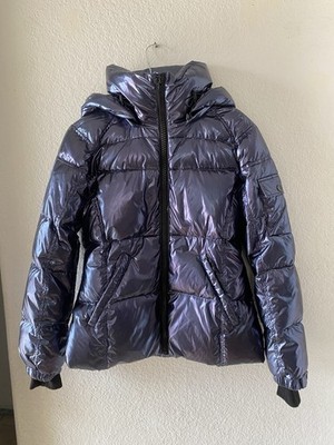 Women s NWOT S13 New York Hoodie Full Zip Puffer Blue Shiny Glossy Jacket Size S