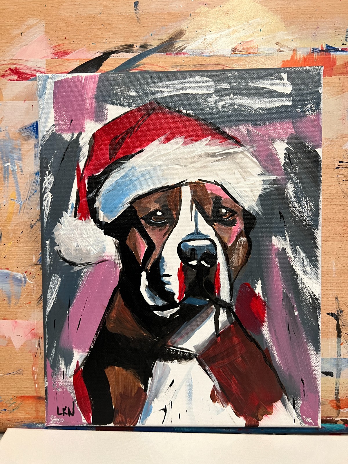 Laeknapes Original Abstract Painting 14X11 Canvas Expressionist Xmas Pitbull Art