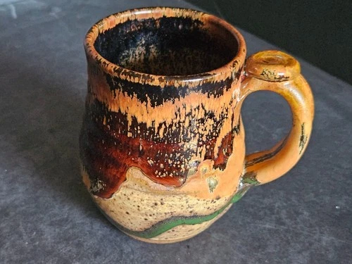 Studio Art Pottery Mug Brown Green Drip Glaze, signed