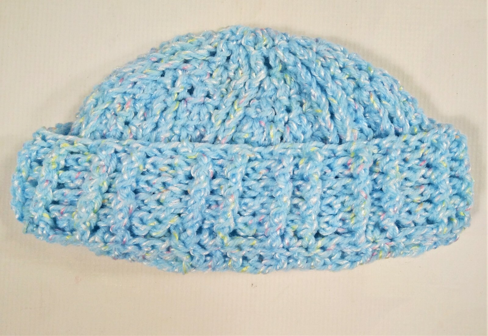 Beanie Knit Hat Winter Stocking Cap Cuffed Handmade Blue