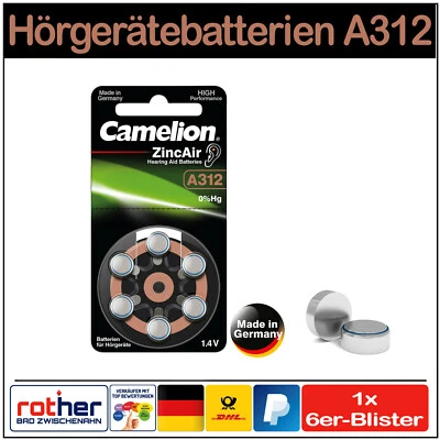 A312, PR41, V312 Hörgeräte Batterien Knopfzelle 1,4V 160mAh Camelion im 6er-Pack