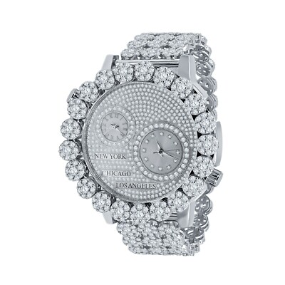 Stainless Steel Flower Setting Diamond Watch Men's Time Zone