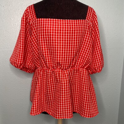 Moa Moa Top Blouse Shirt Women Plus Size 2X Red White Plaid Gingham Short