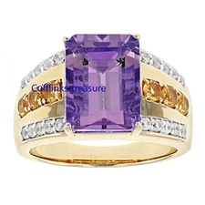 Natural Amethyst  Citrine & CZ  stones 925 Sterling Silver Gold Plated Ring #44